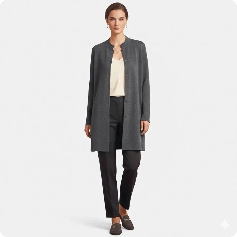 Eileen Fisher Italian Wool Longline Cardigan Size Large Luxury Classic